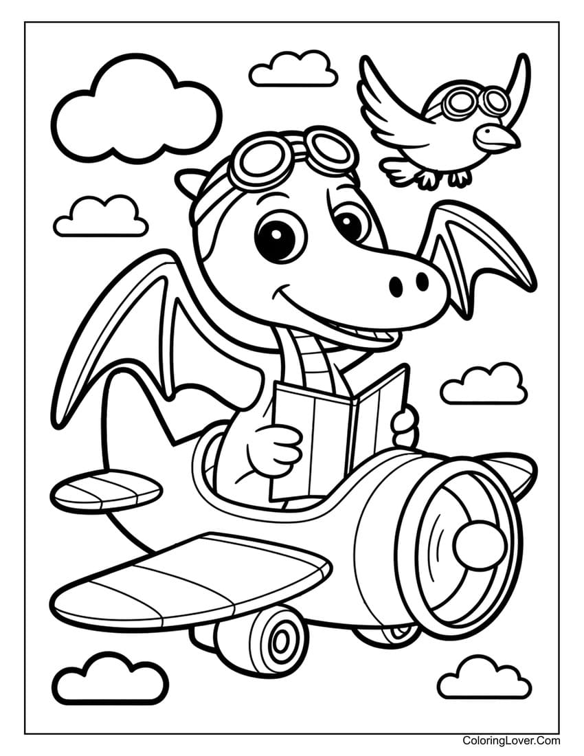 Flying dinosaur piloting airplane with bird companion coloring page