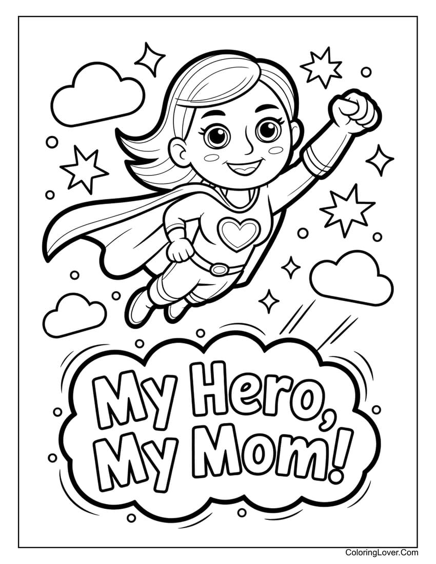 Flying superhero mom with stars coloring page