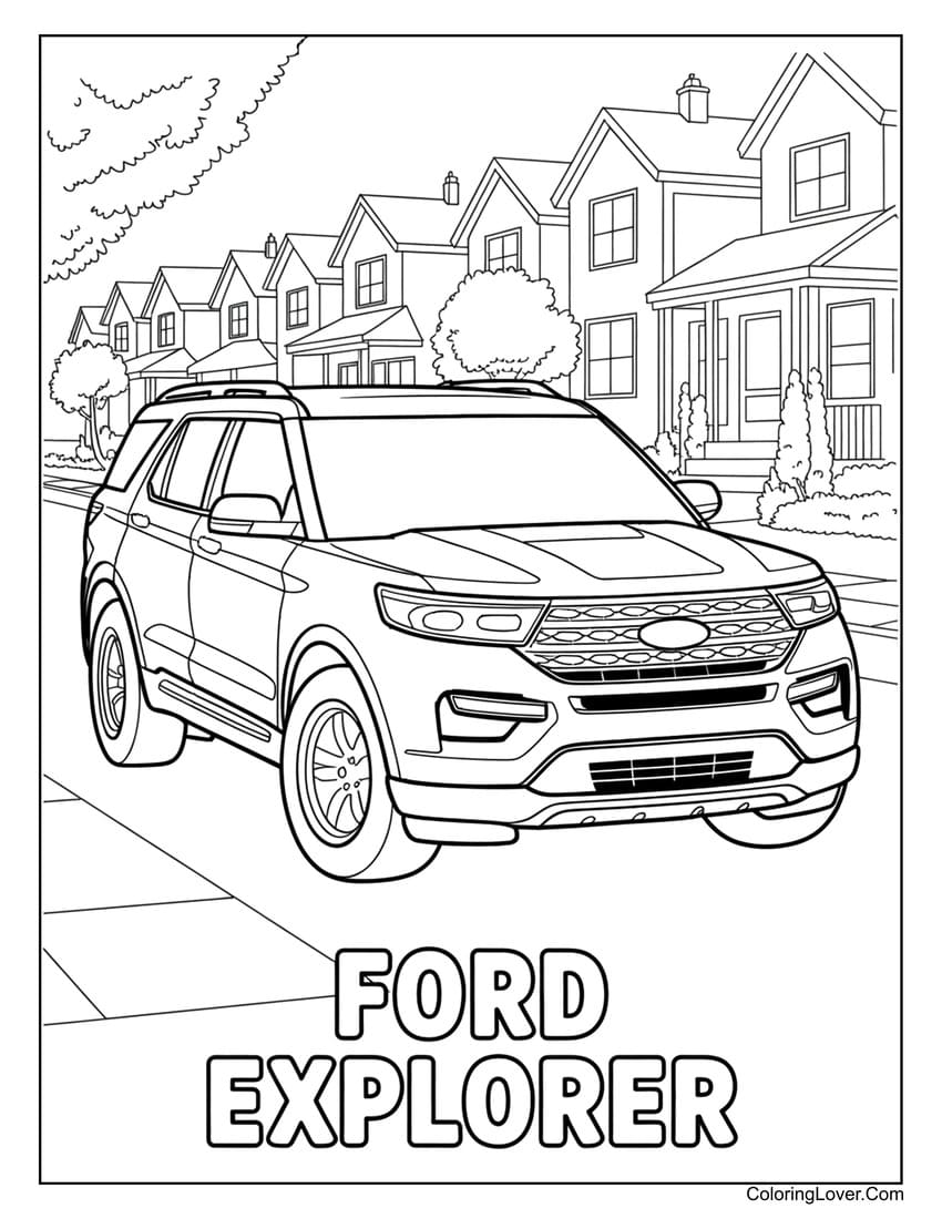 Ford Explorer parked on quiet suburban street coloring page