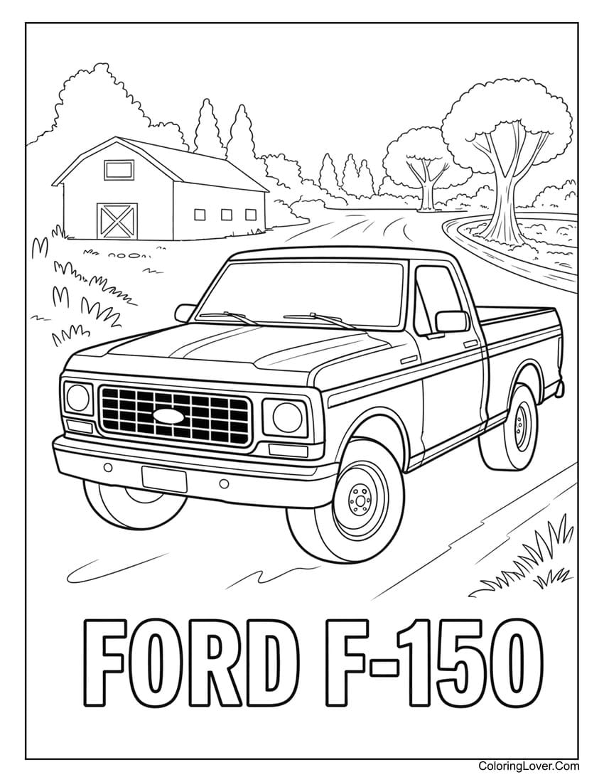 Ford F-150 pickup truck on countryside farm road coloring page