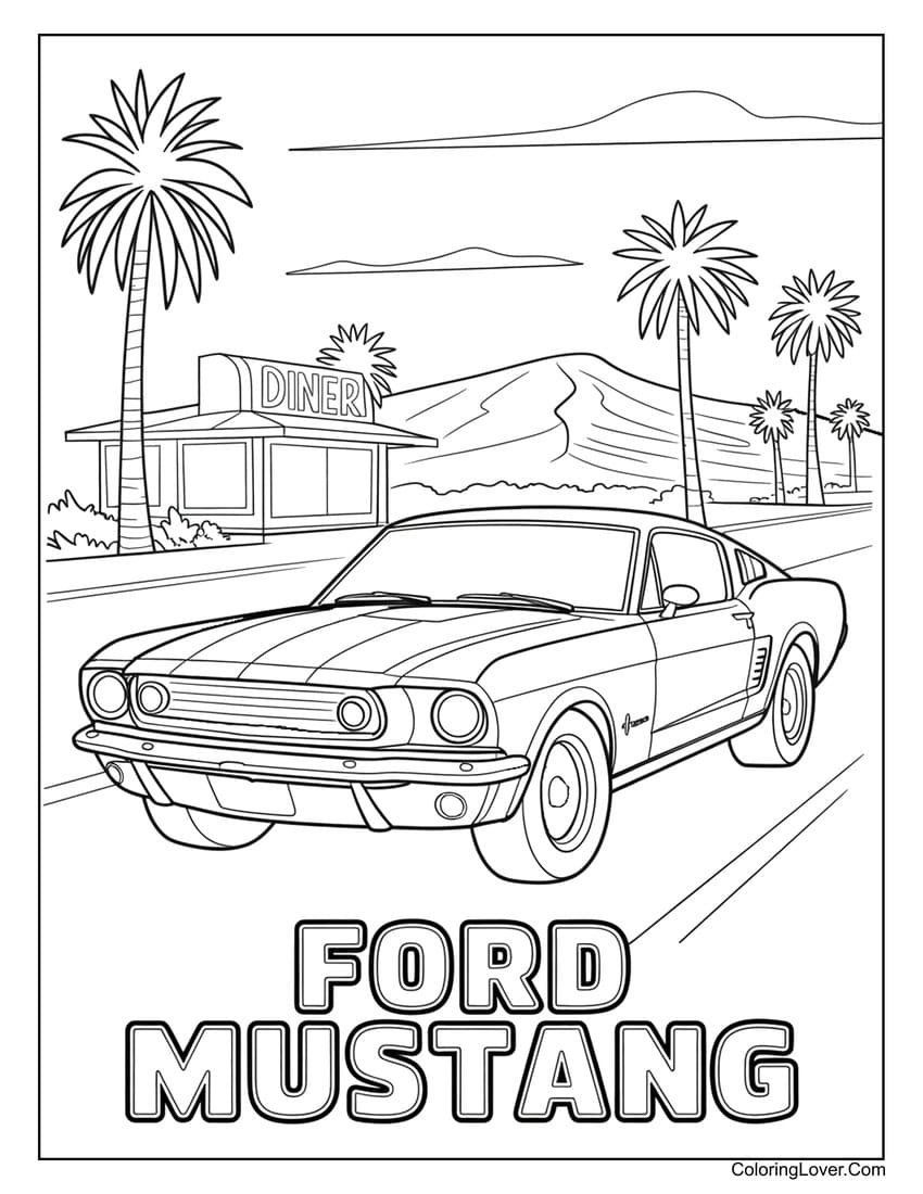 Ford Mustang cruising under palm trees coloring page