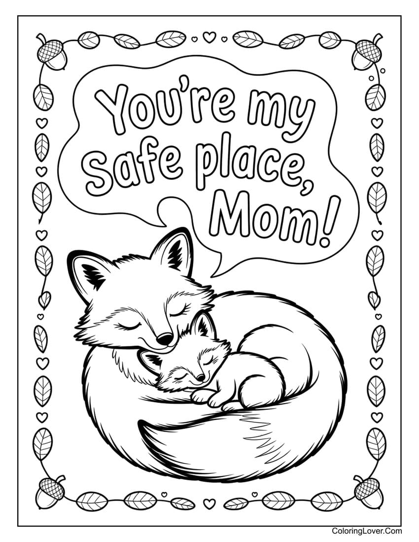 Fox cuddling baby with “safe place” message coloring page