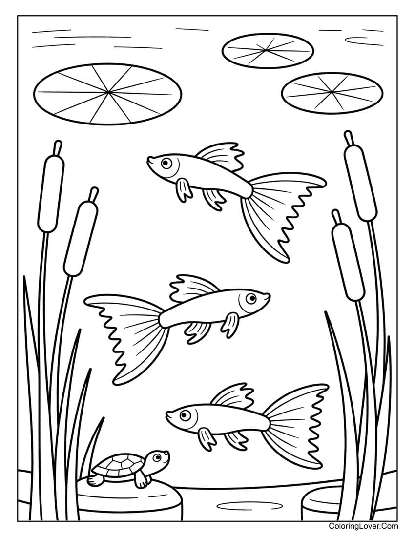 Freshwater fish guppies playing among lily pads coloring page