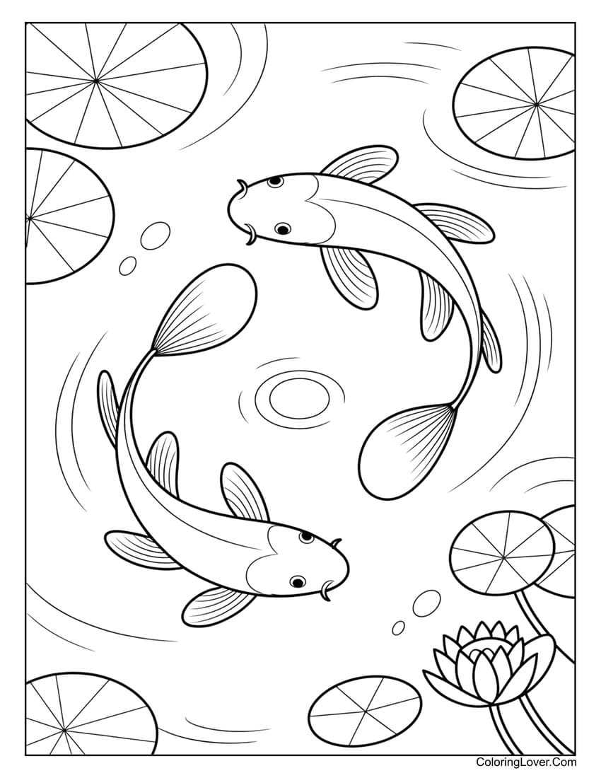 Freshwater fish koi circling in peaceful pond coloring page