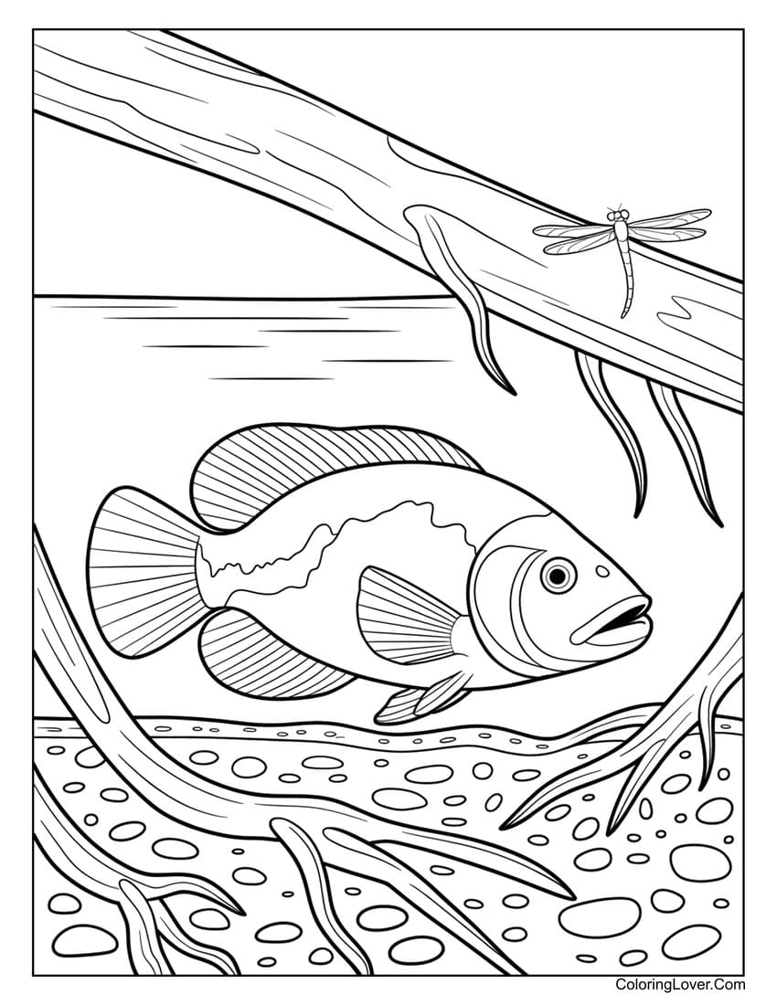 Freshwater fish oscar swimming under branch coloring page