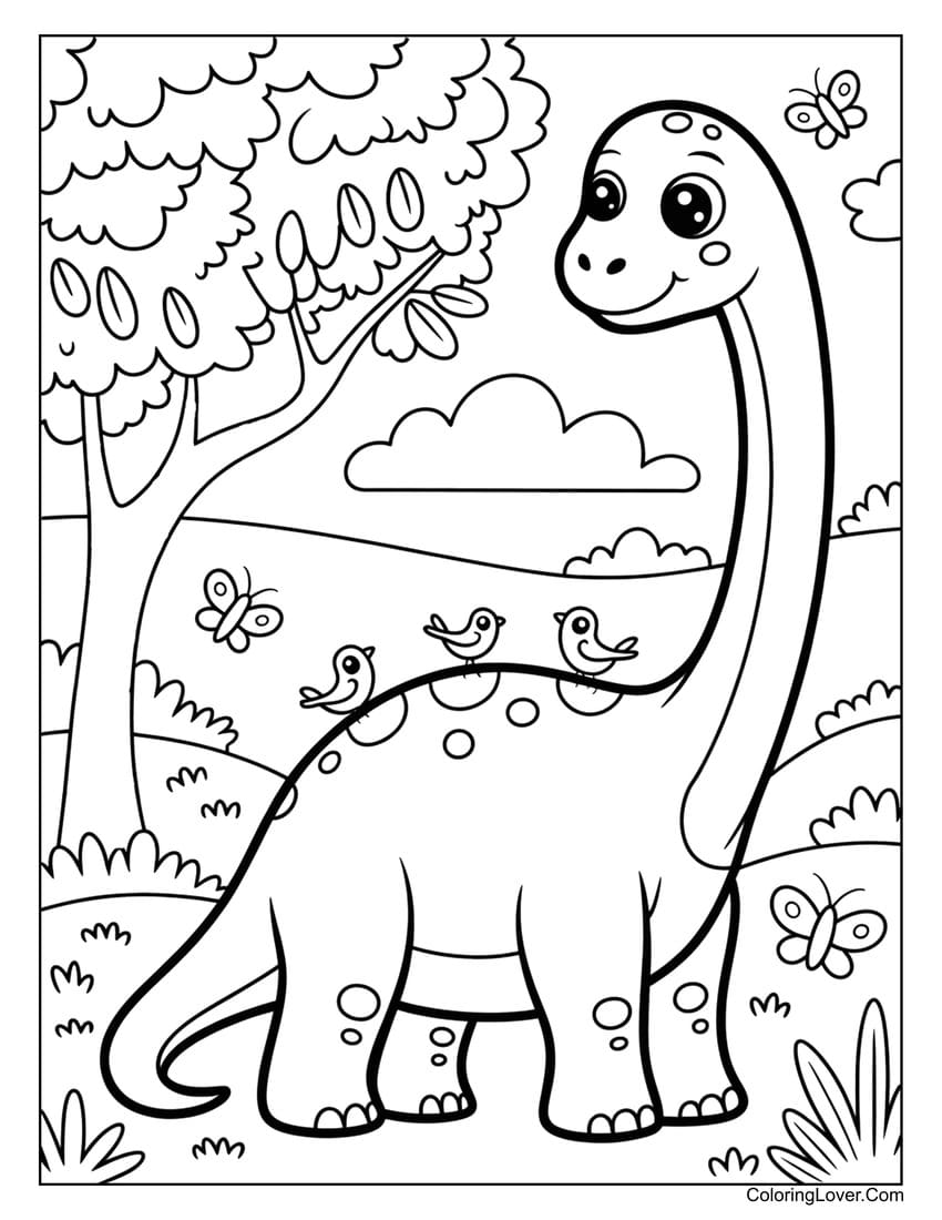 Friendly cute dinosaur walking through peaceful forest coloring page