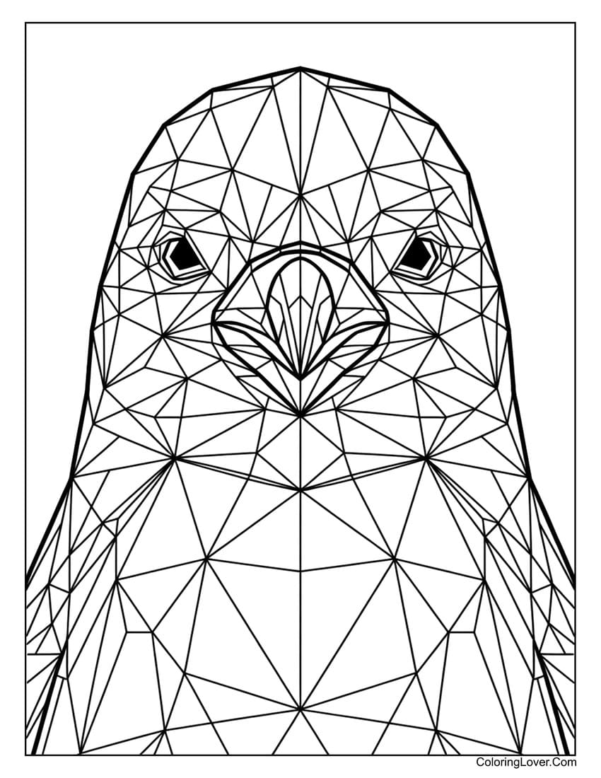Geometric polygonal penguin face coloring page for adults