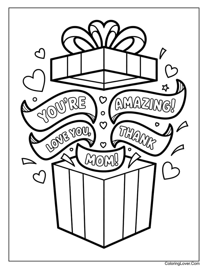 Gift box with messages for mother coloring page