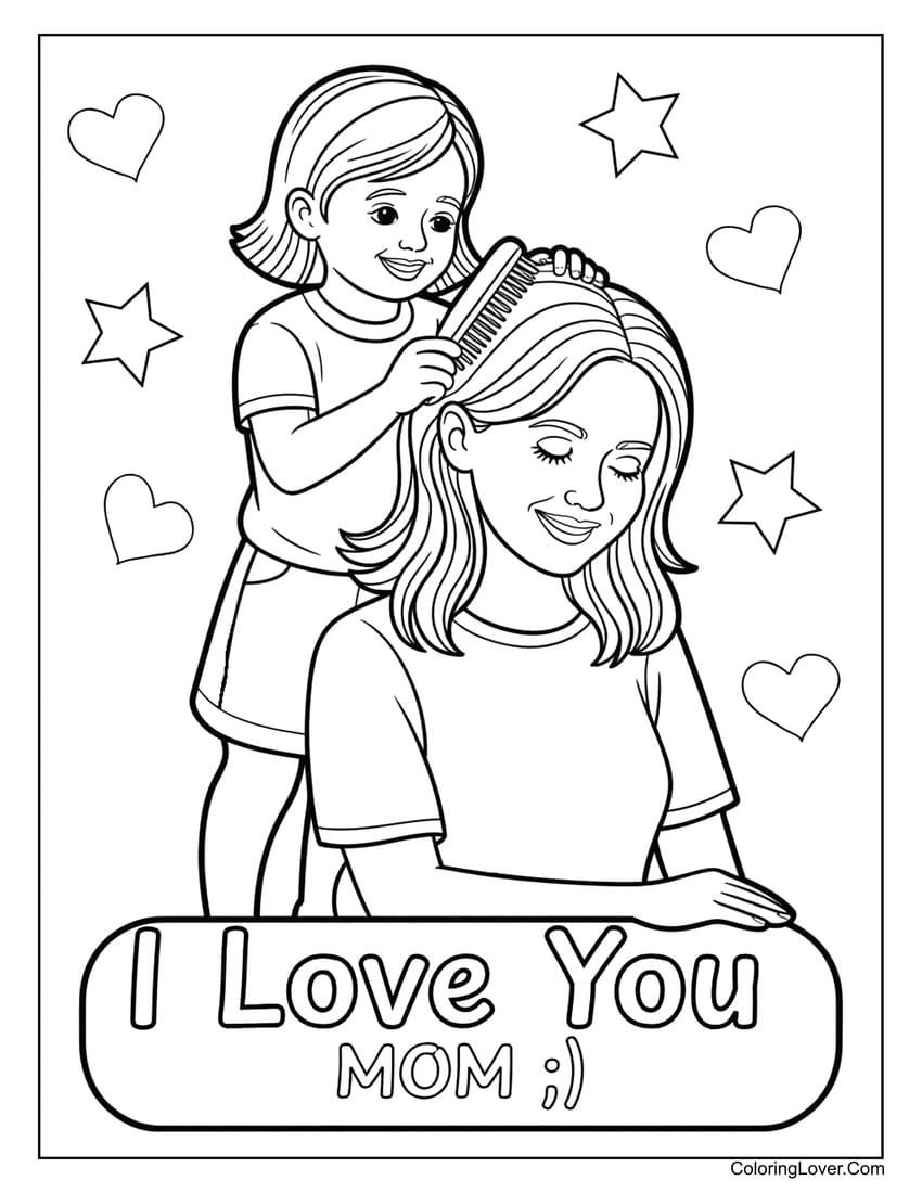 Girl brushing her mom’s hair on Mother’s Day coloring page