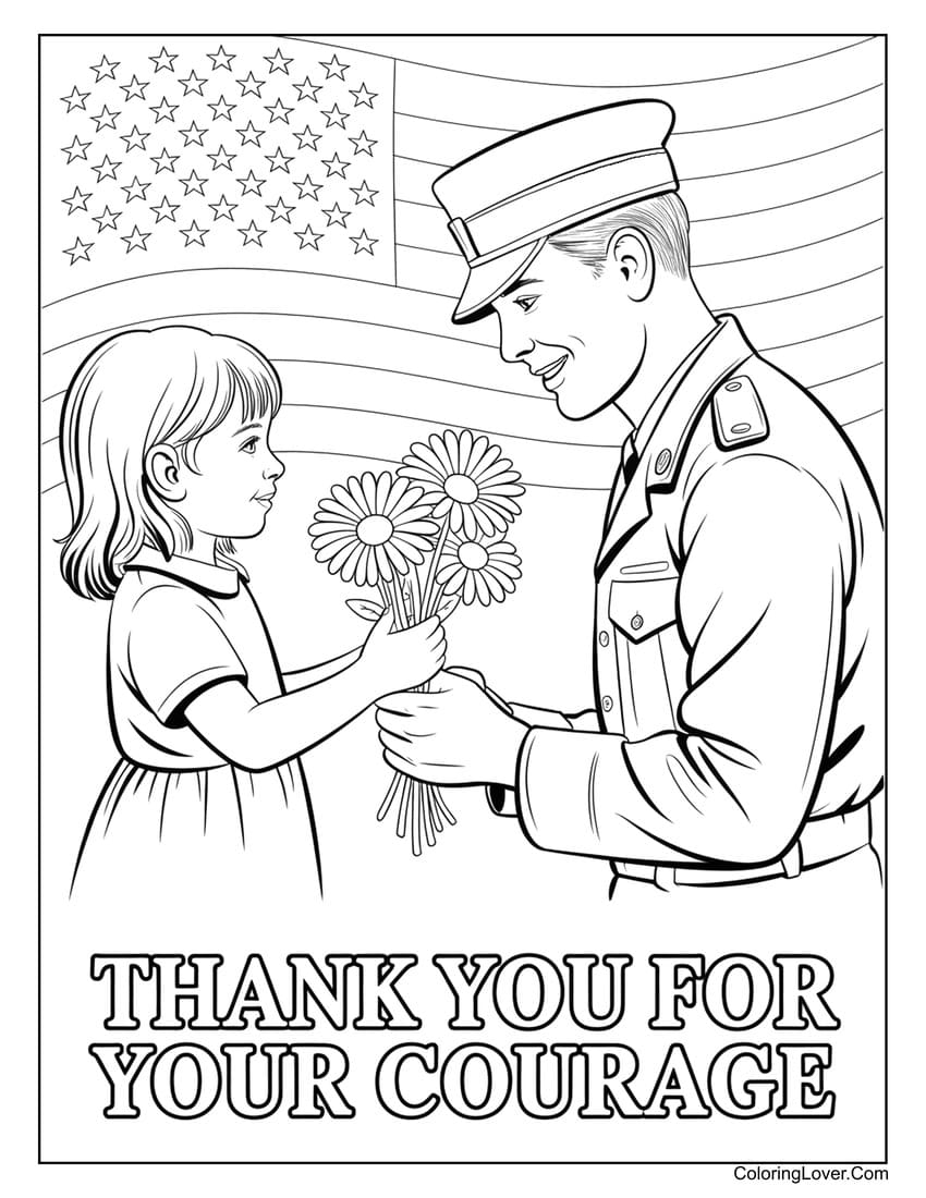 Girl giving flowers to soldier on Memorial Day coloring page