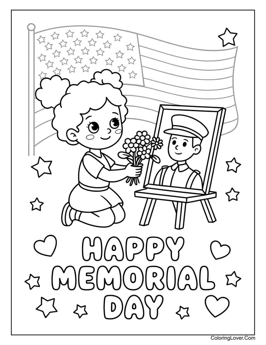 Girl honoring soldier with flowers Memorial Day coloring page