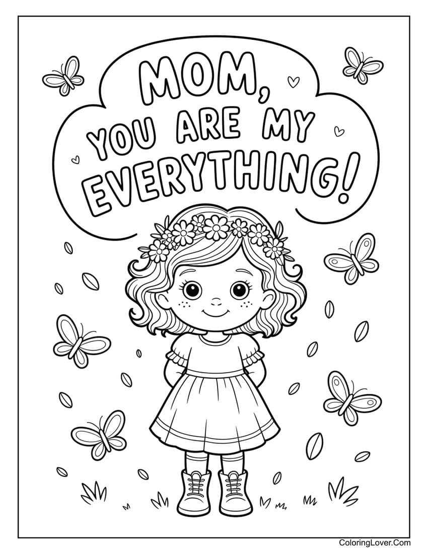 Girl in flower crown with butterflies coloring page