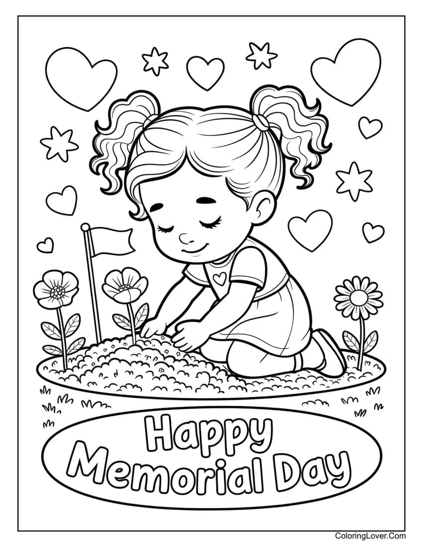 Girl planting flowers for Memorial Day coloring page