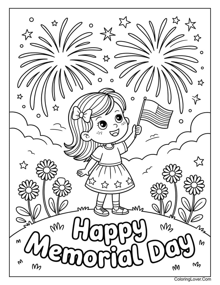 Girl with fireworks and flag Memorial Day coloring page