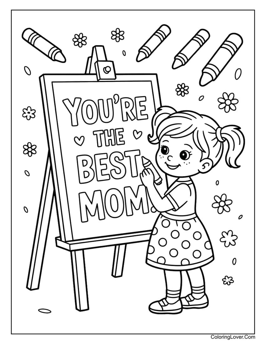 Girl writing best mom message coloring page