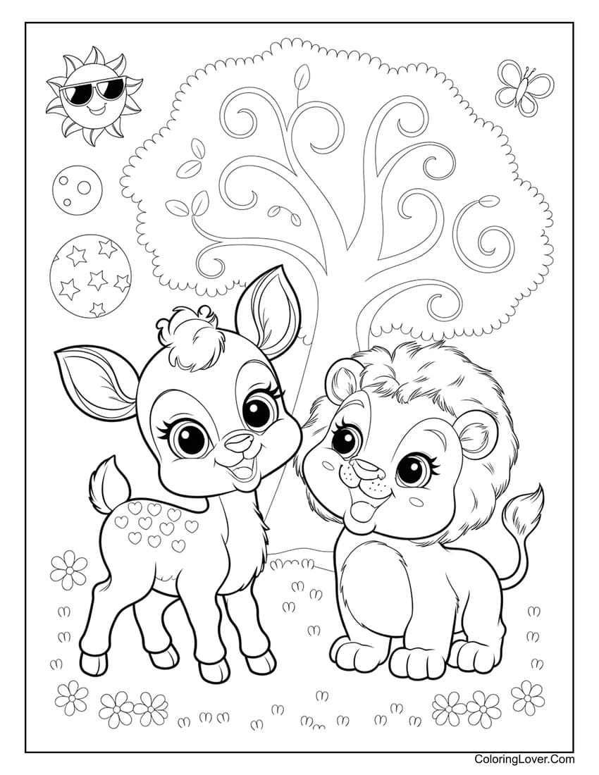 Happy deer and baby lion in forest coloring page