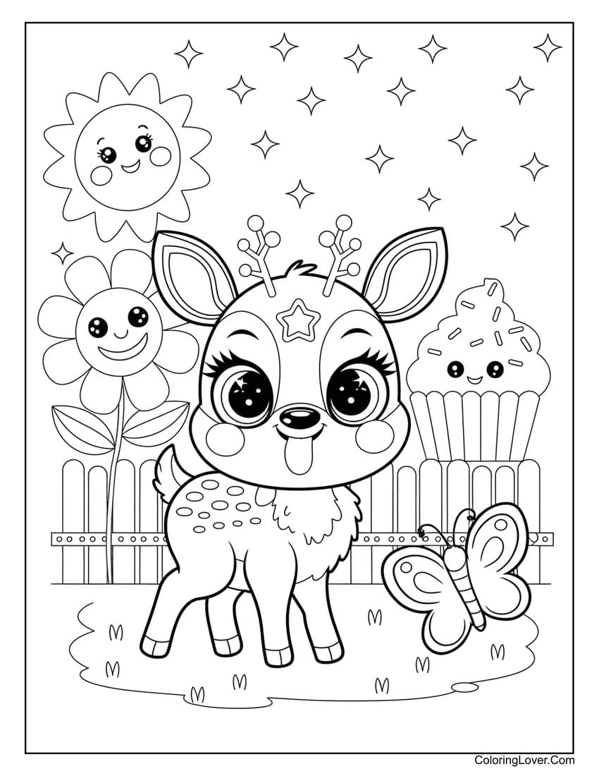 Happy deer with butterfly and cupcake coloring page