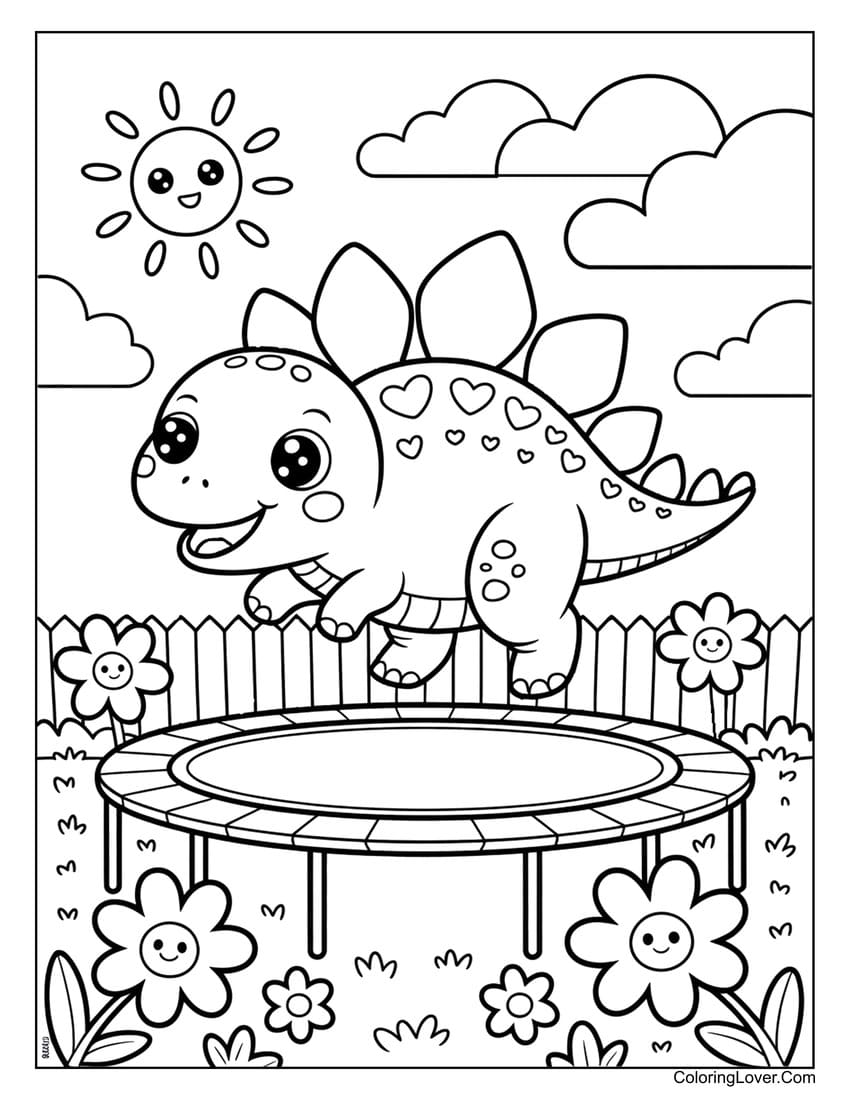 Happy dinosaur jumping on trampoline in garden coloring page