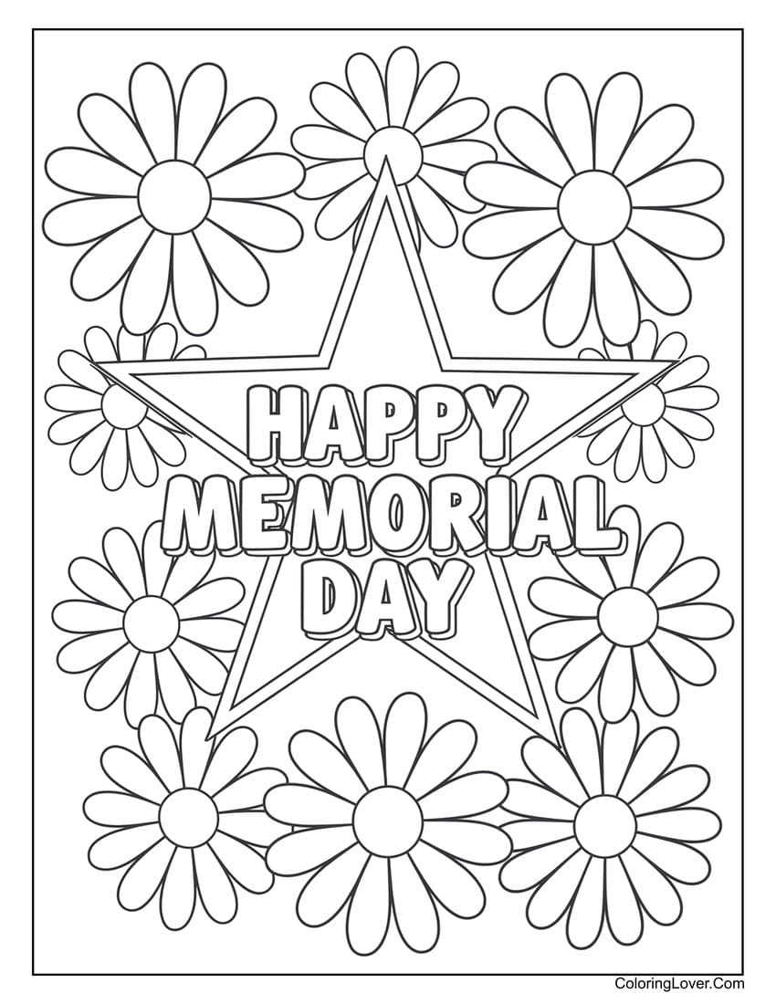 Happy Memorial Day coloring page with daisies and star