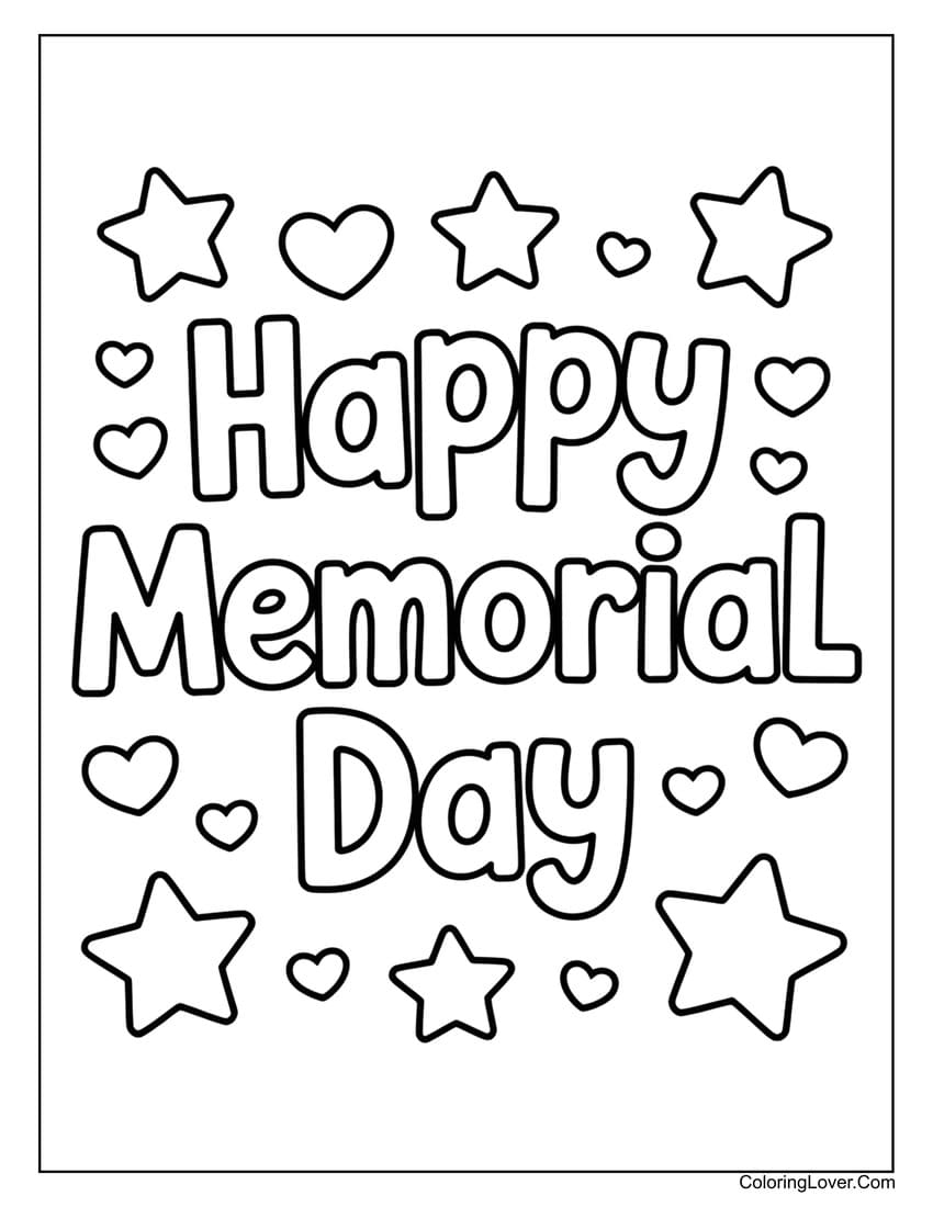 Heart and star themed Memorial Day coloring page