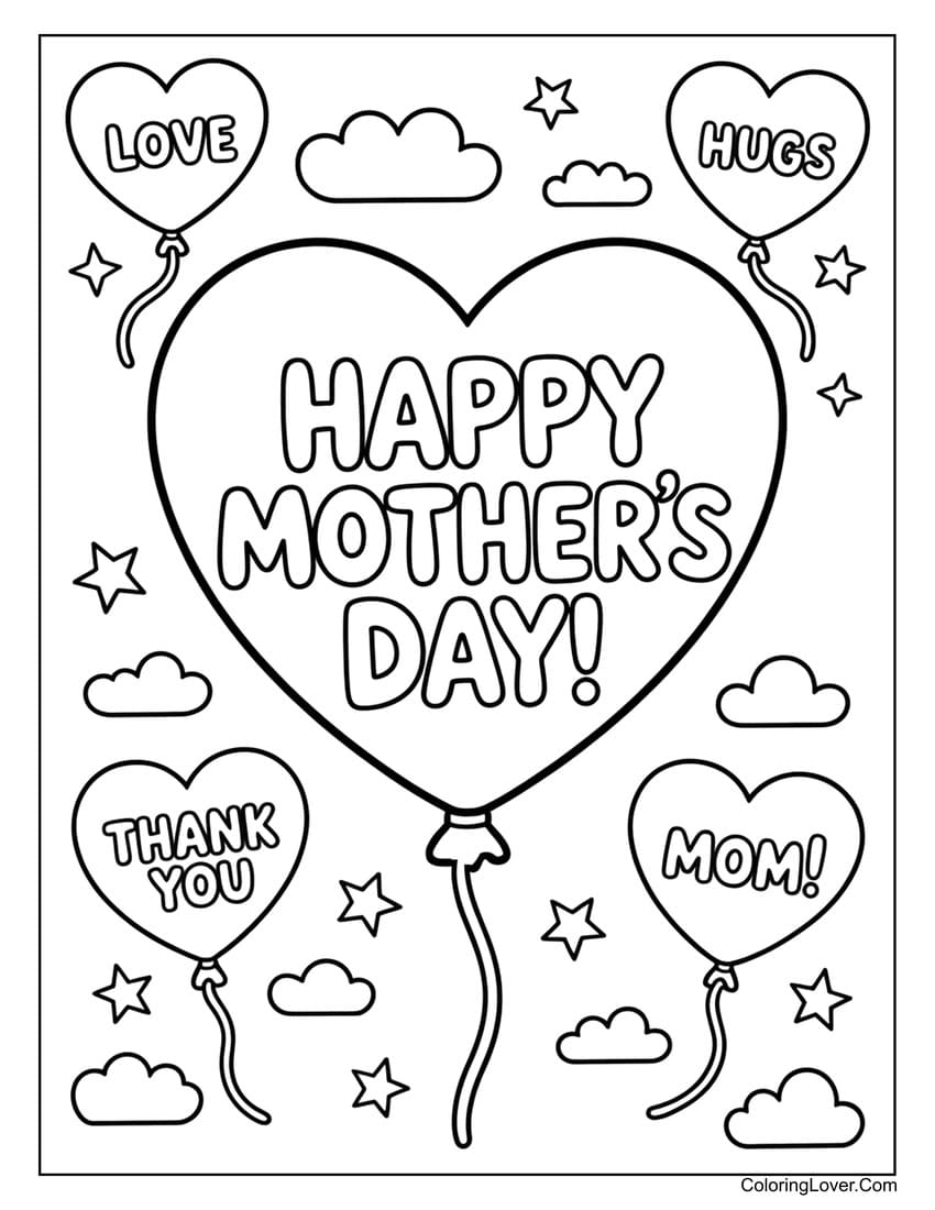 Heart balloons floating for Mother’s Day coloring page