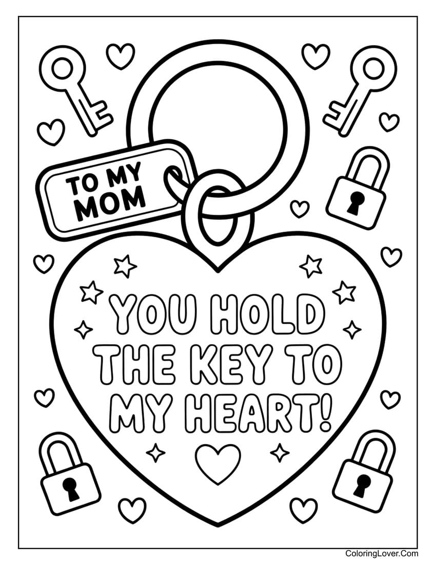 Heart keychain with loving message for mom coloring page