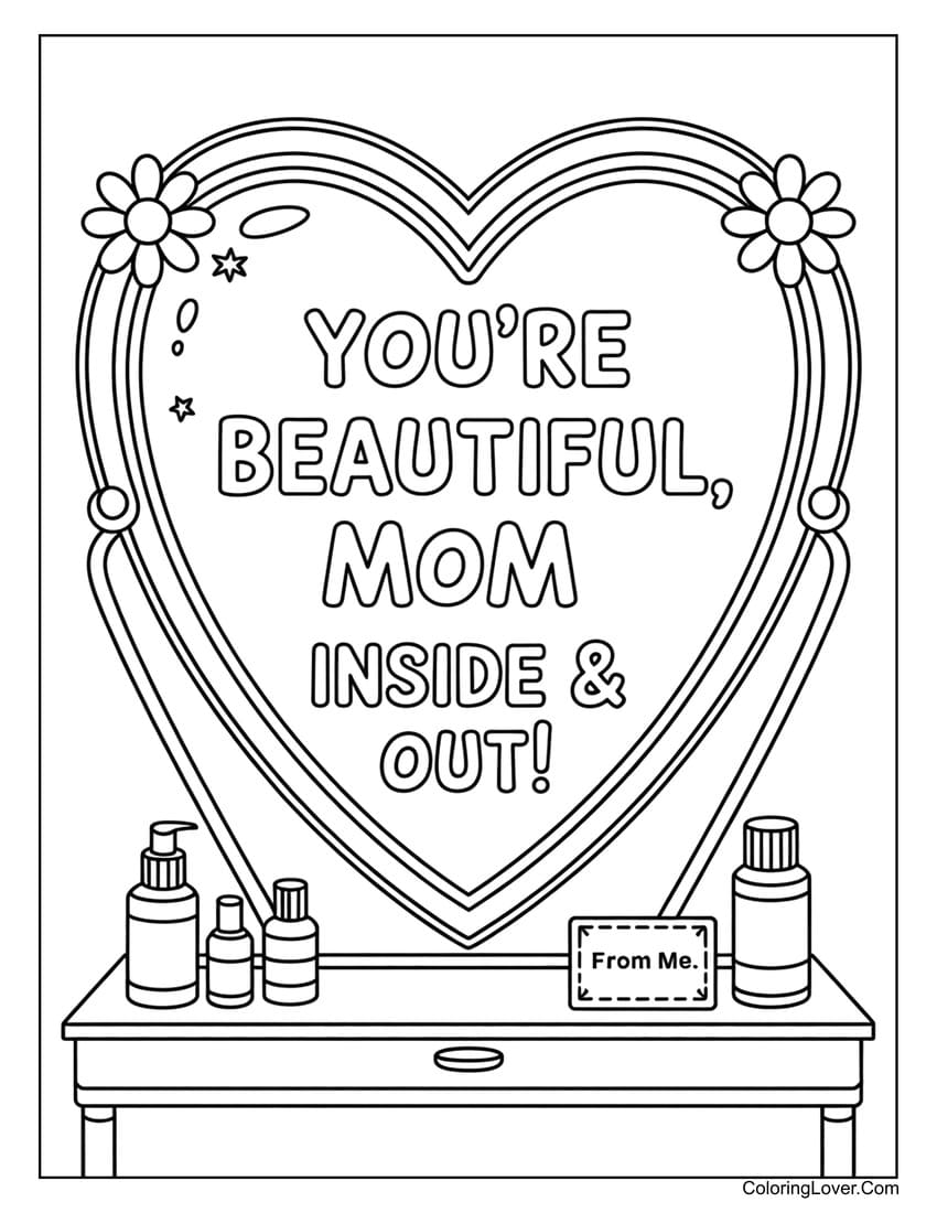 Heart mirror with message for Mother coloring page