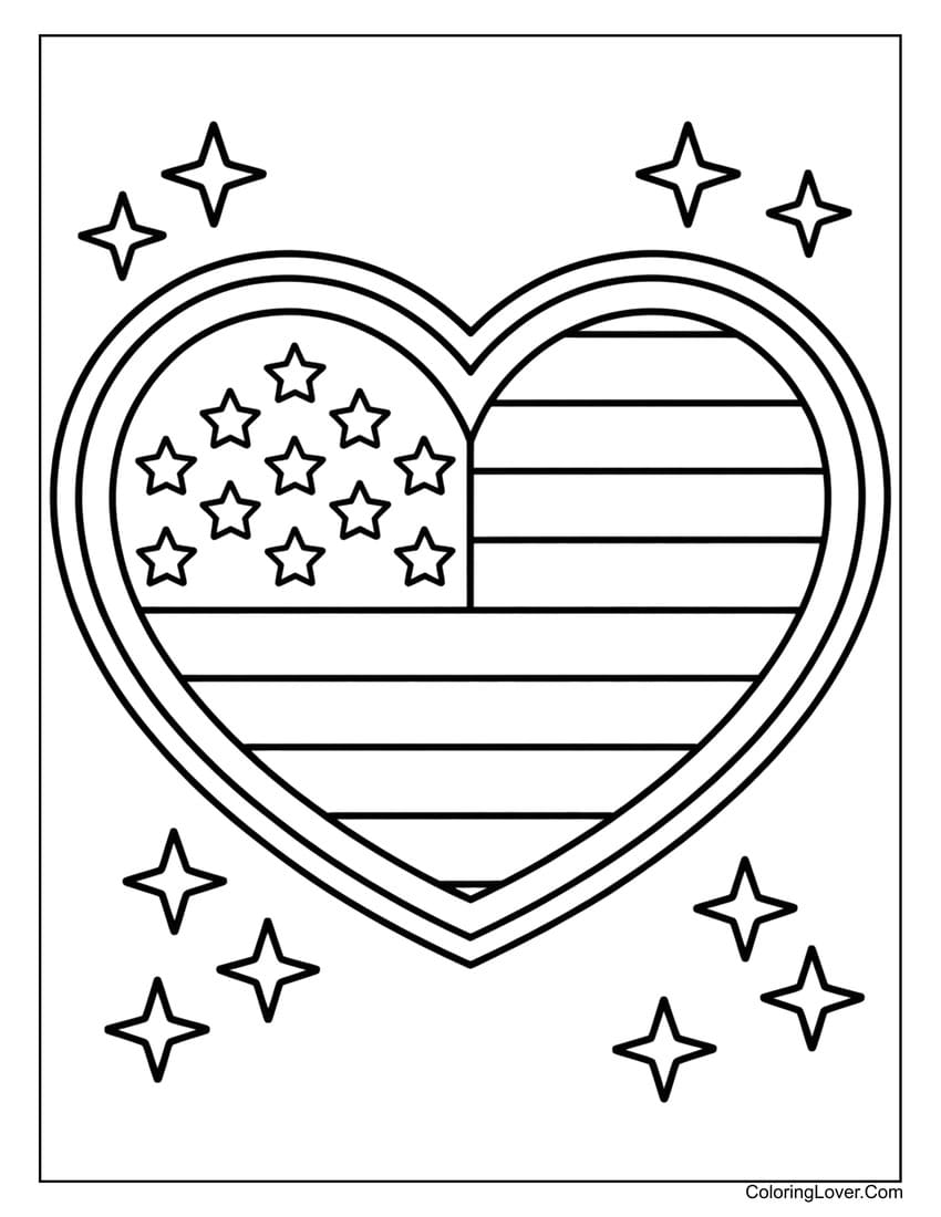 Heart-shaped American flag symbolizing Memorial Day coloring page