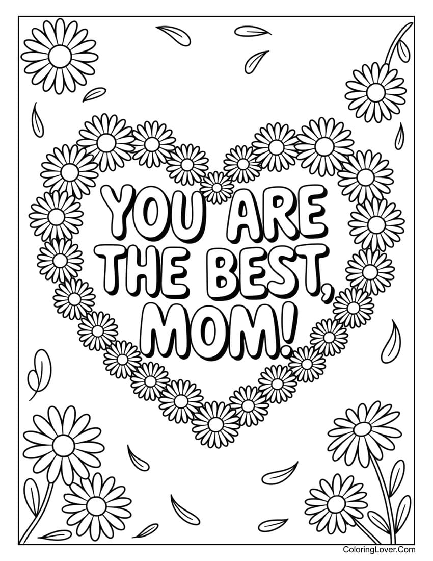 Heart-shaped flower frame saying best mom coloring page