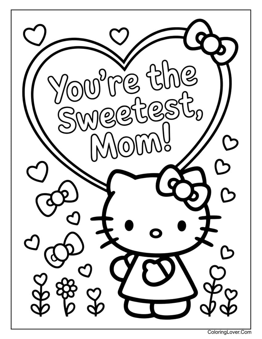 Hello Kitty with heart message “You’re the sweetest mom” coloring page
