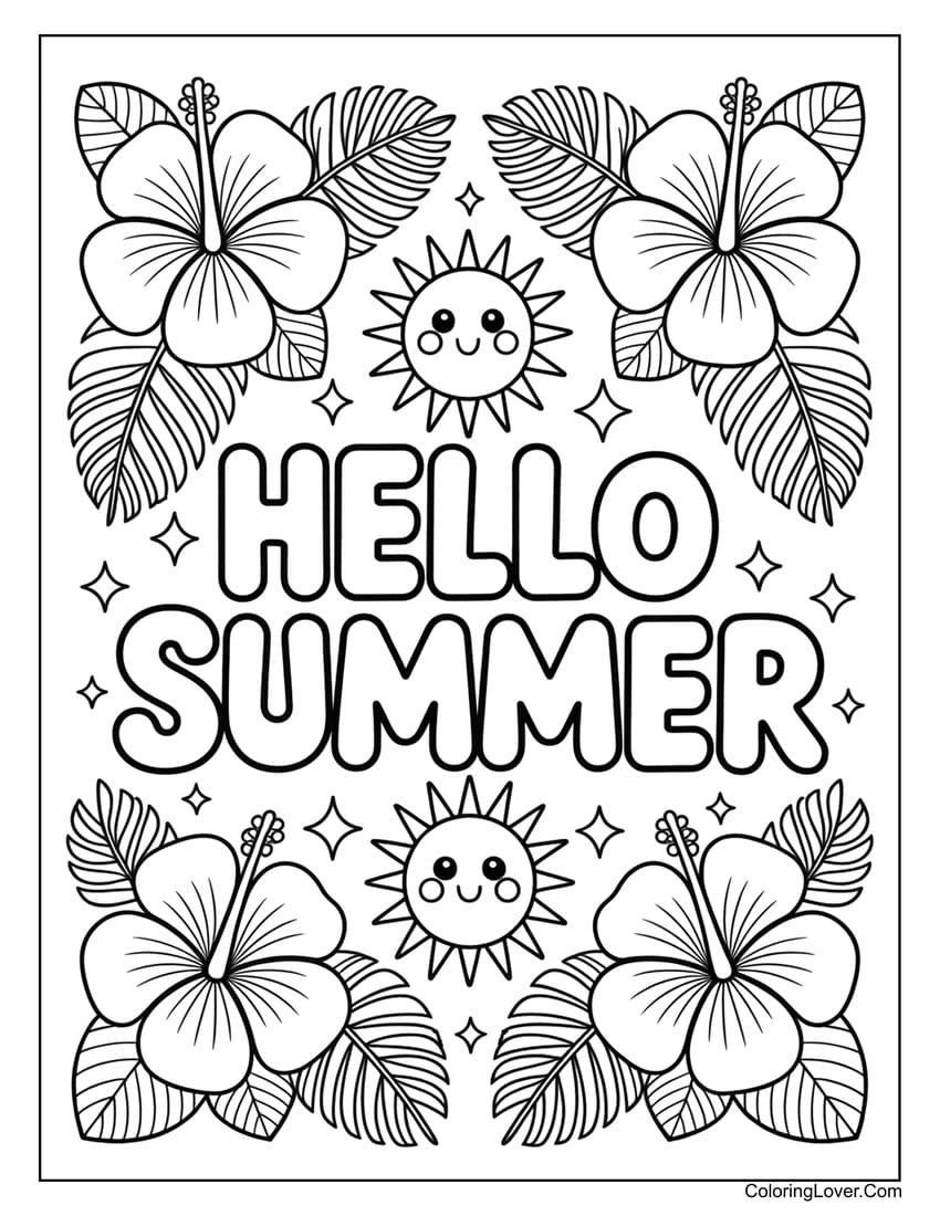 Hello summer tropical flowers and sun coloring page for kids