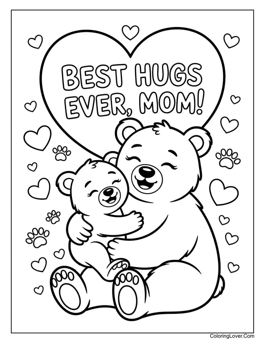 Hugging bears with heart message for Mother’s Day coloring page