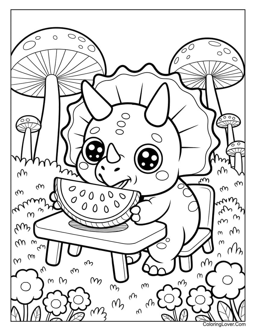 Hungry dinosaur eating watermelon at picnic table coloring page