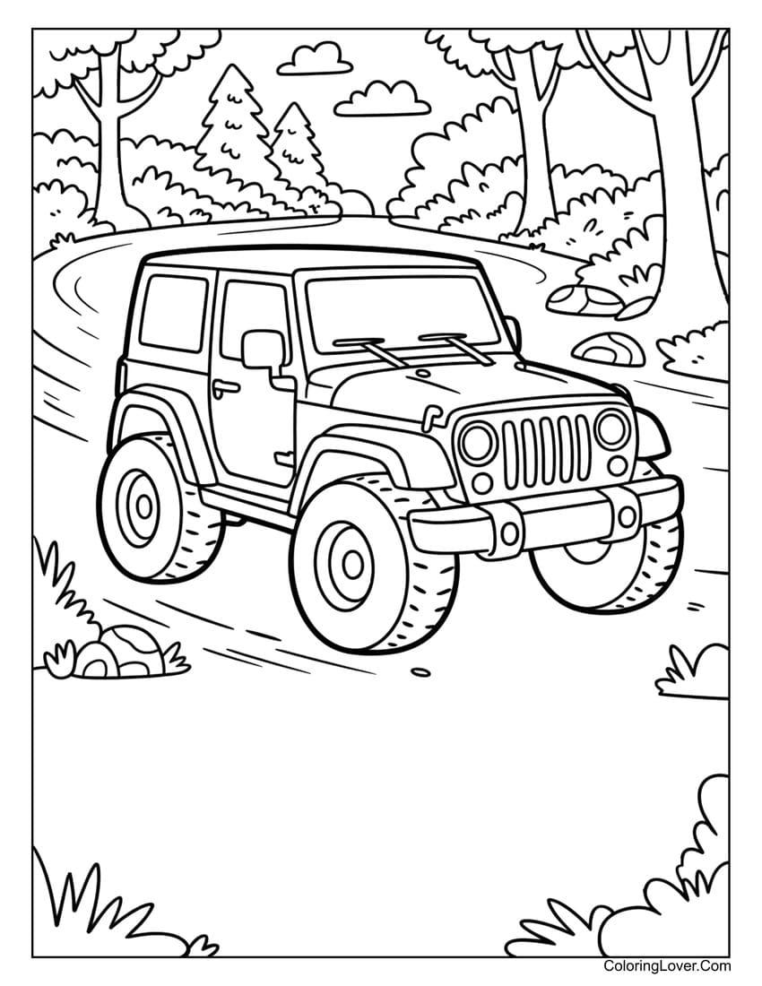 Jeep driving through forest trail coloring page