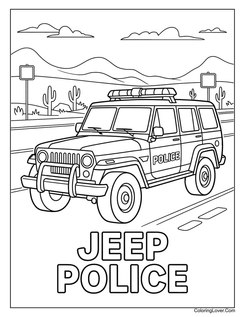 Jeep police vehicle patrolling desert highway coloring page