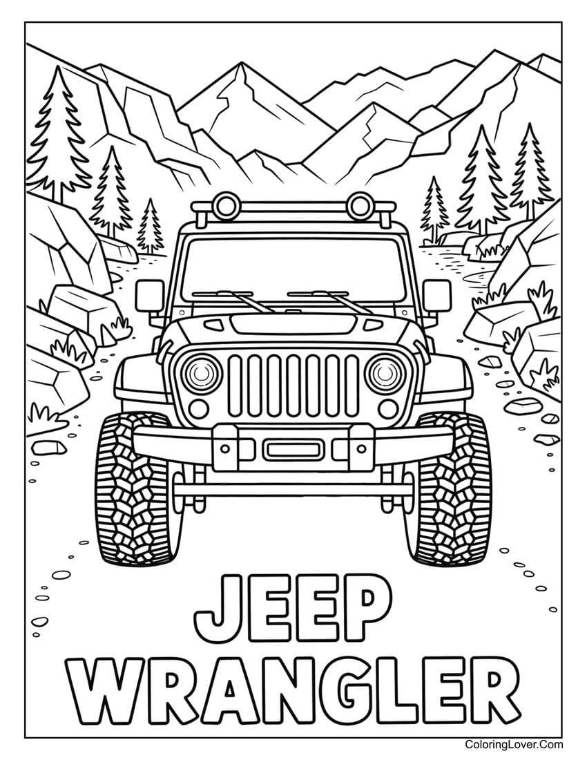Jeep Wrangler off-roading in mountain path coloring page