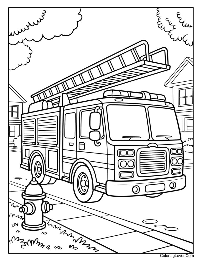 Kawaii fire truck near hydrant in town coloring page