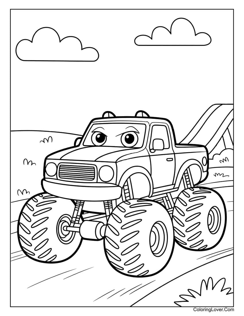Kawaii monster truck ready for fun ride coloring page