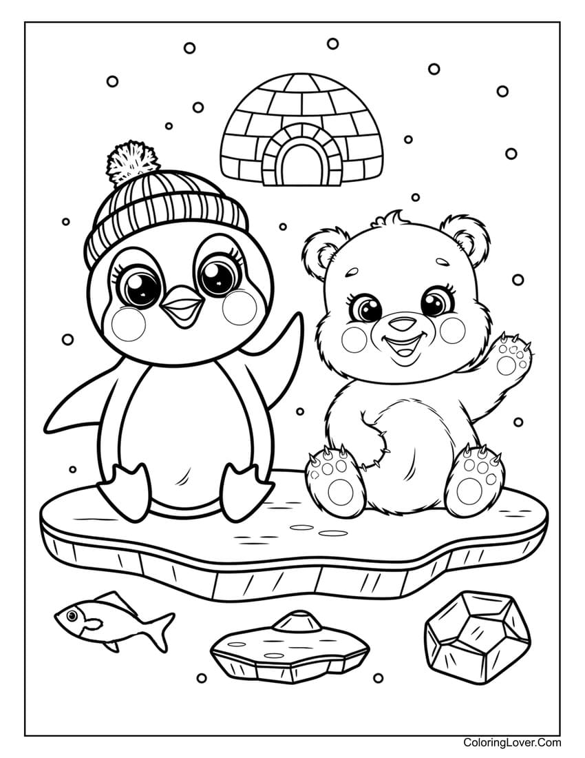 Kawaii penguin and bear on ice floe coloring page