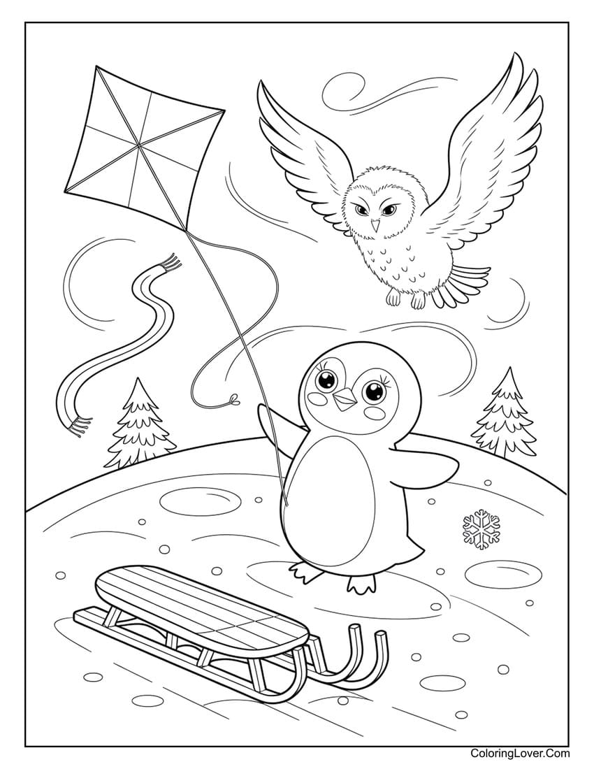 Kawaii penguin flying kite with owl coloring page