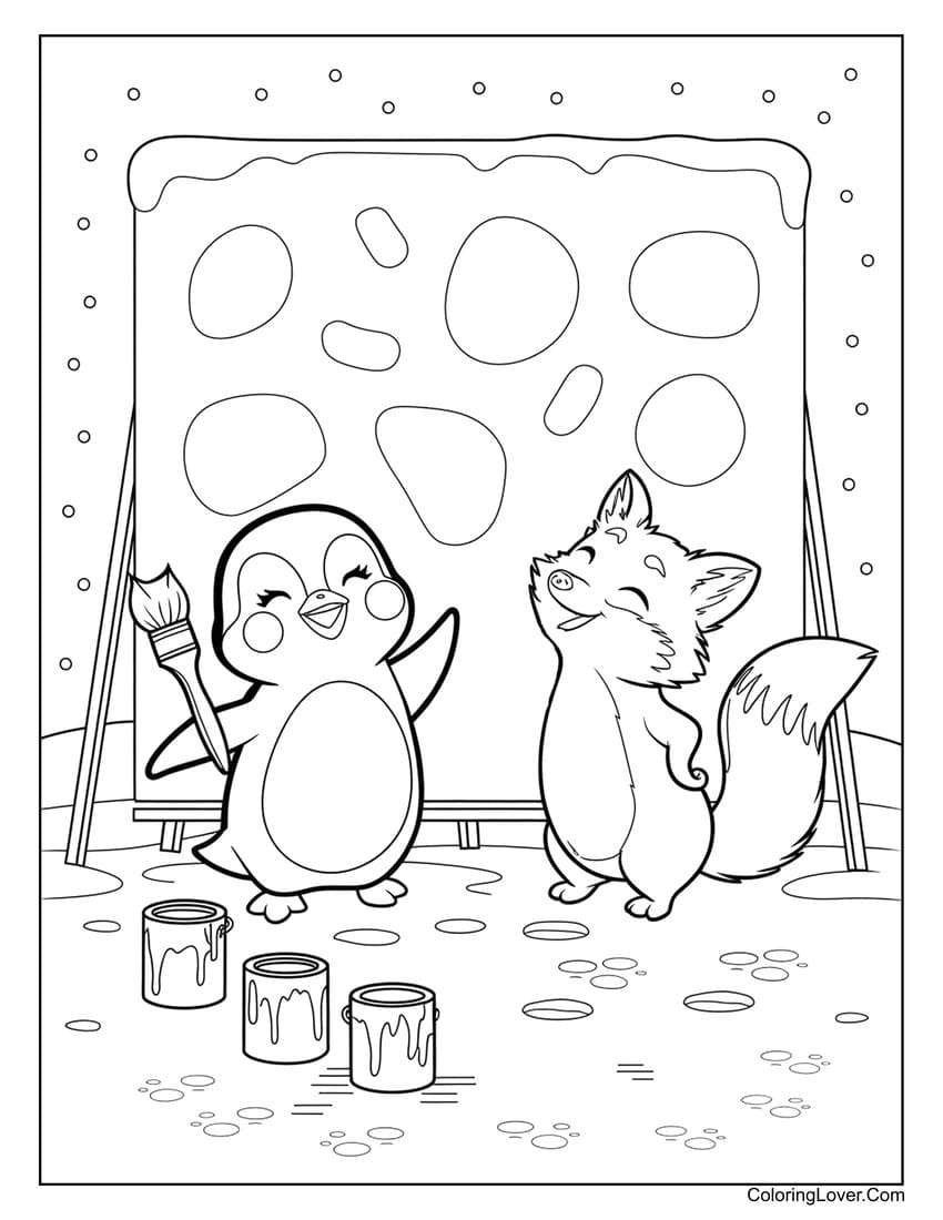 Kawaii penguin painting with fox on snow coloring sheet