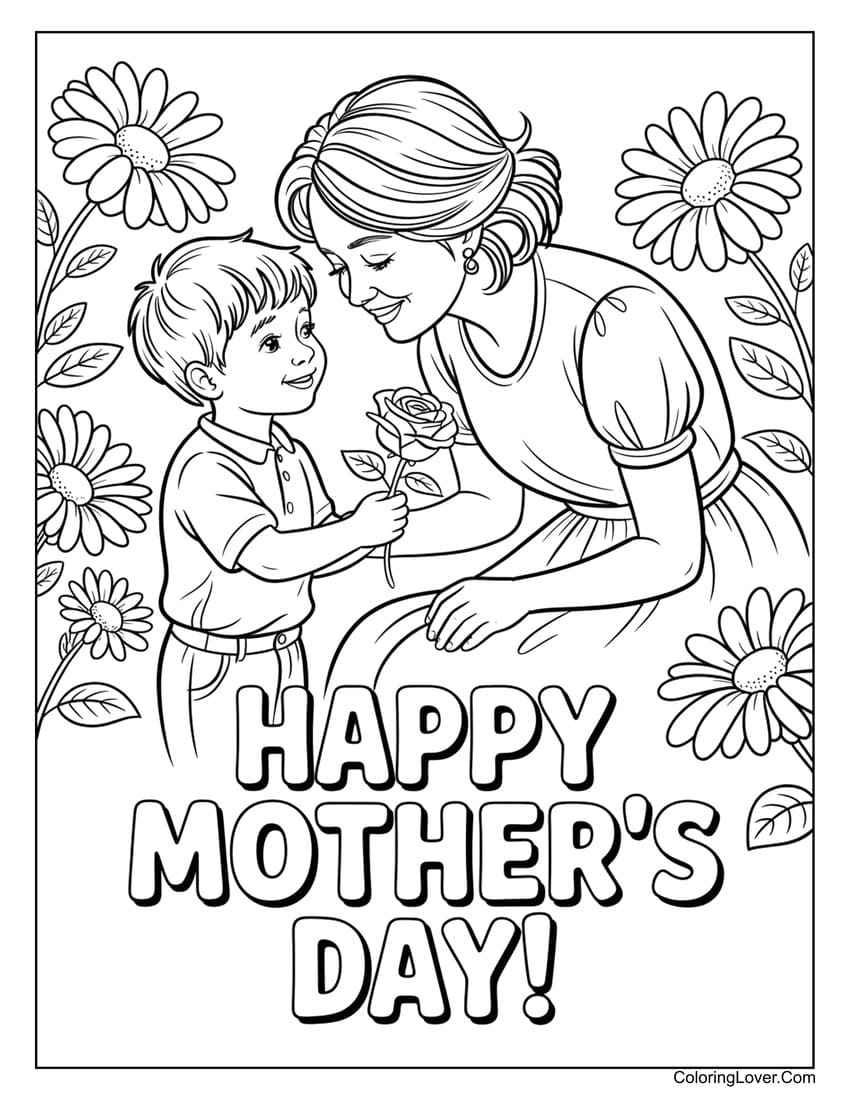 Kid giving a flower to mom on Mother’s Day coloring page