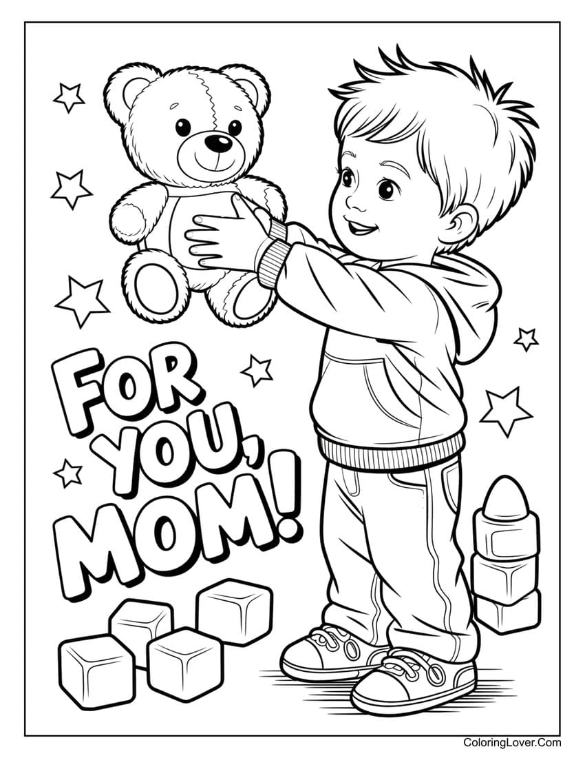 Kid giving teddy bear gift to Mother’s Day coloring page