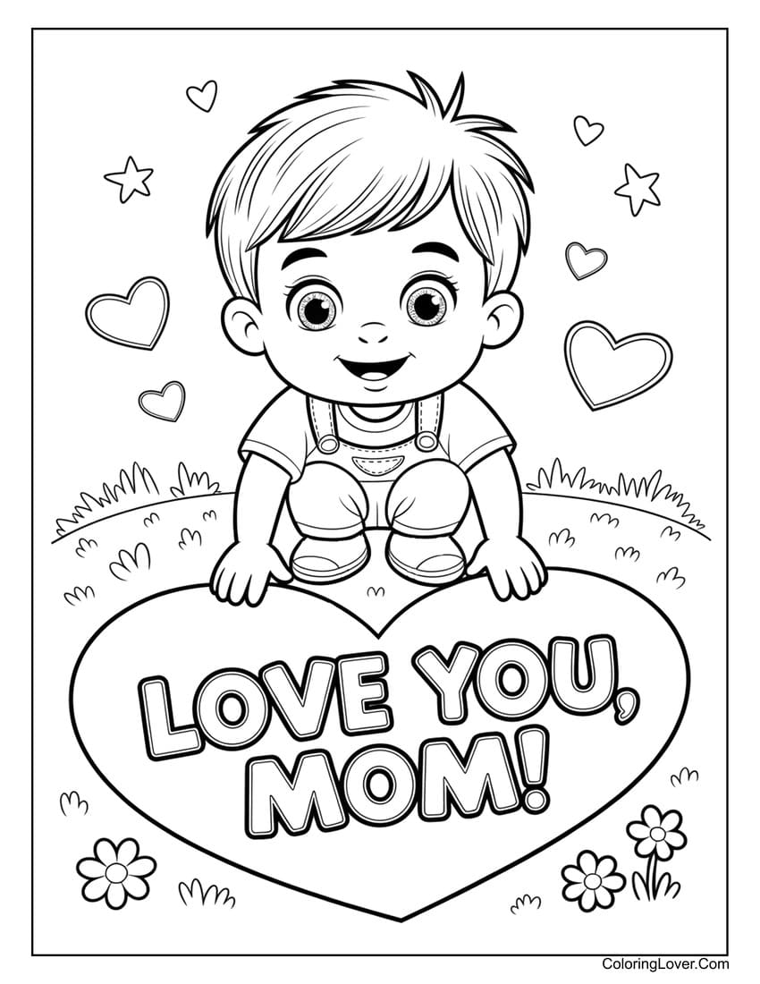 Kid holding heart for Mother’s day coloring page
