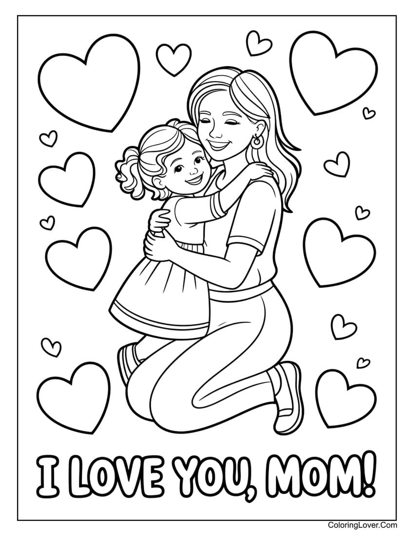 Kid hugging her mother with hearts on Mother’s Day coloring page