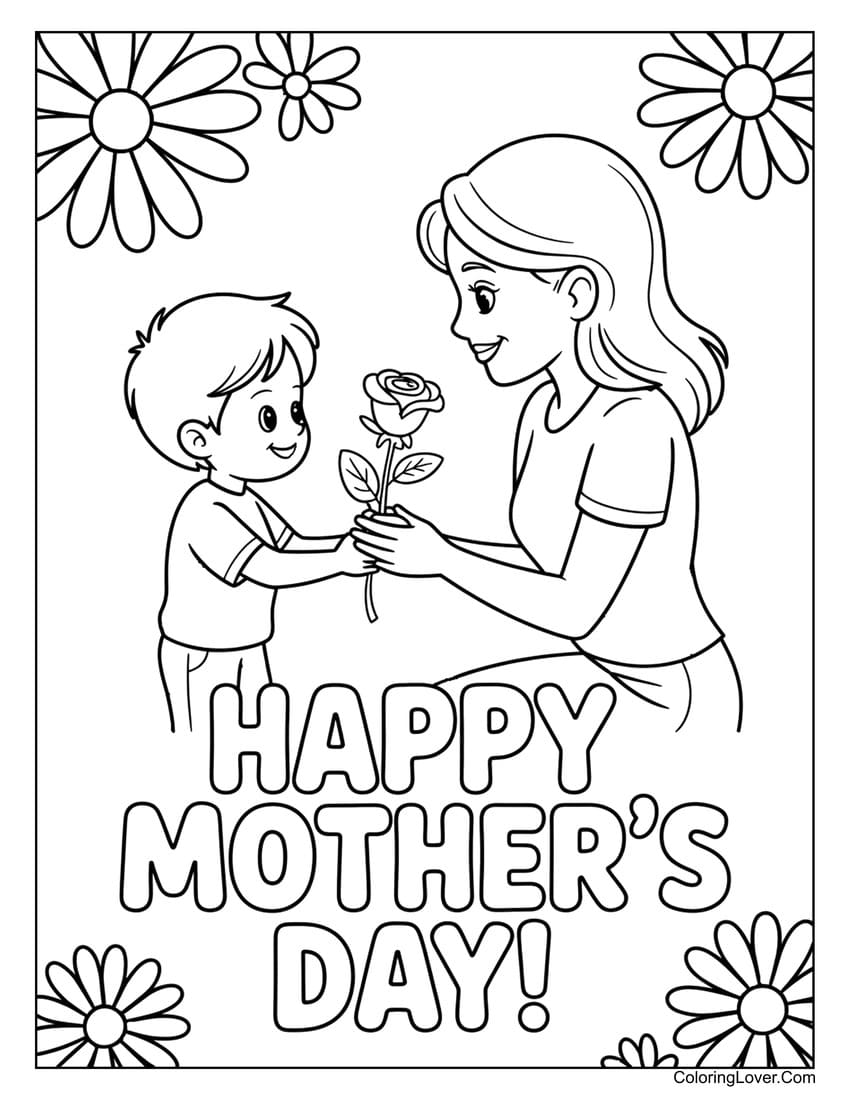 Kid offering a rose to his mother on Mother’s Day coloring page