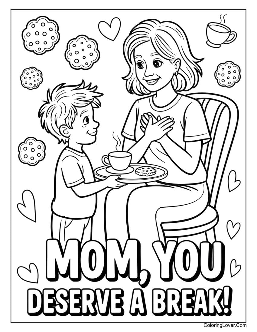 Kid serving tea and cookies to mom on Mother’s Day coloring page