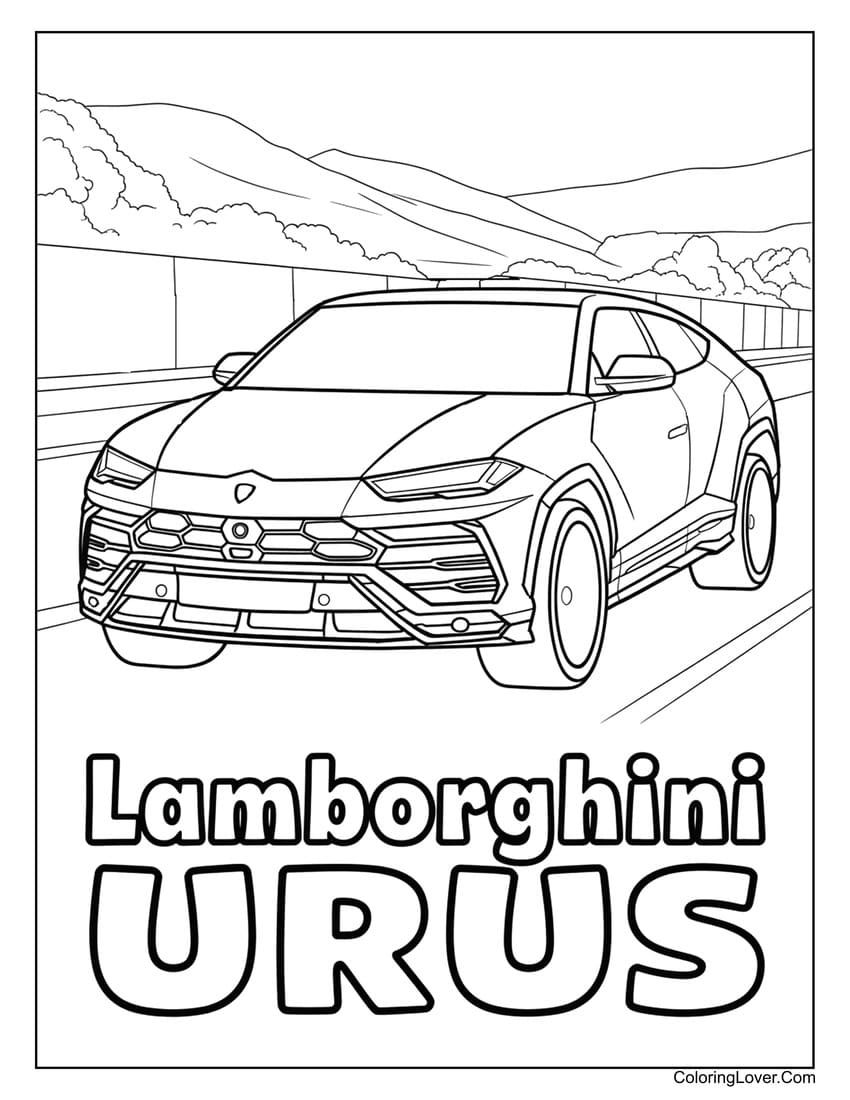 Lamborghini Urus driving through valley landscape coloring page