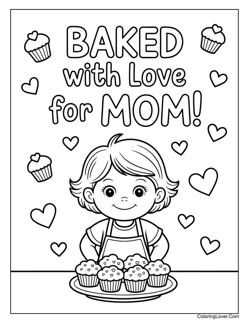 Little girl baking cupcakes for mother coloring page