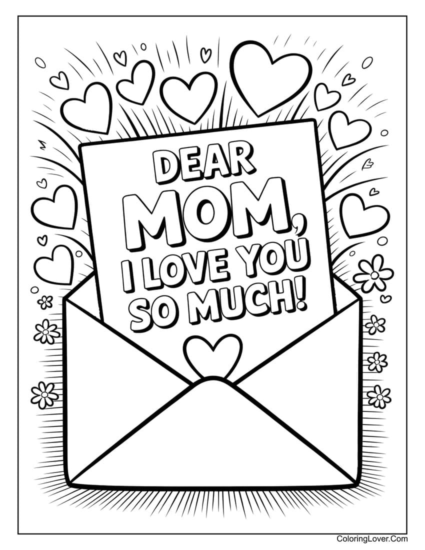 Love letter with hearts for Mother’s Day coloring page